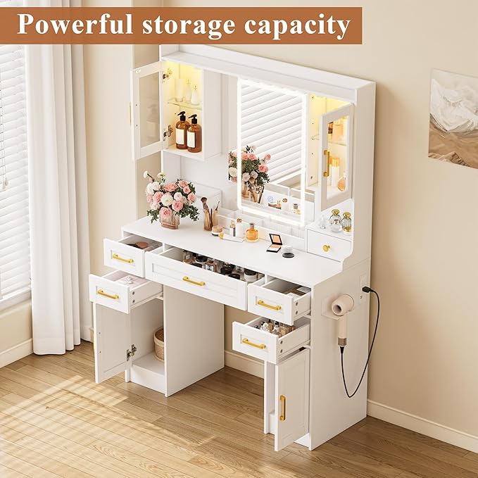 NUNU LAB 42 Inchs Large Vanity Desk with Mirror and Lights with 6 Drawers and 4 Cabinets, Big Women Makeup Table with Power Outlet, 3-Color Adjustable Lighting for Bedroom White