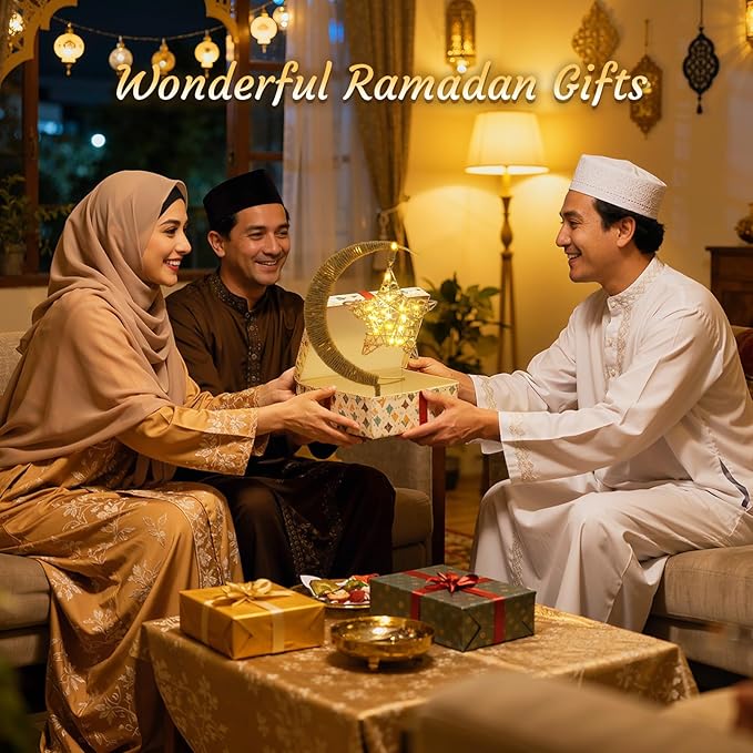 Lewondr Ramadan Moon Lamp with Rattan Star, Lunar Lamp for Night Stands, Battery Powered Ramadan Desk Lamps Decorations, Gold Crescent Table Light Bedside Lamps for Desktop Nursery Kids Room Decor