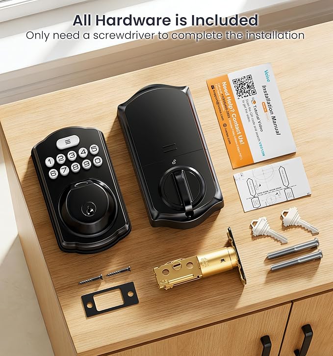 Veise VE012W Built-in WiFi Fingerprint Smart Lock, App Remote Control, Compatible with Alexa & Google Assistant, Keyless Entry for Front Door, Digital Keypad Deadbolt, Auto Lock, Matte Black