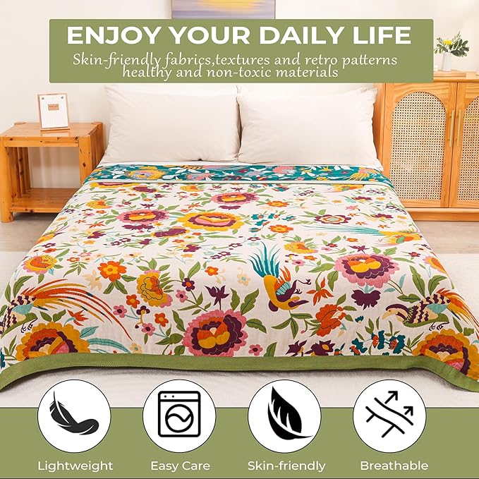 Boho Throw Blanket for Bed Couch 100% Cotton Ultra Soft Large Rustic Quilt King Blanket,Bird Floral Printed Farmhouse Bed Blankets 90"×98", Decorative Reversible Muslin Bed Cover for All Seasons