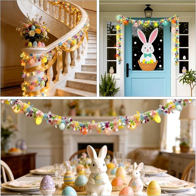 8.5Ft Easter Garland Lights with 10L LED Easter Egg String Lights Plug in and Pastel Tinsel Spring Garland Decorations for Indoor Holiday Home Bedroom Classroom Easter Decor