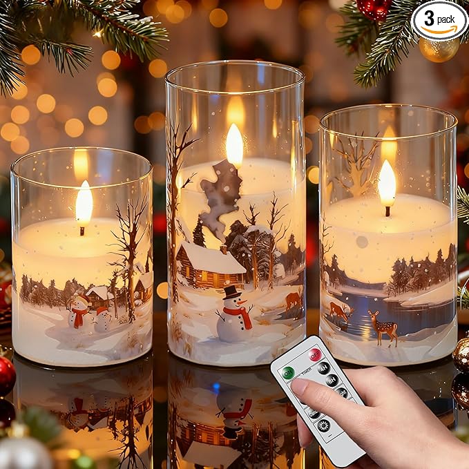 Wondise Chrismtas Snowman Glass Flameless Candles with Remote Timer, Battery Operated Real Wax 3D Wick LED Flickering Pillar Candles for Christmas Decoration Thanksgiving Holiday Gift