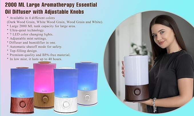 BlueHills Premium Large 2000 ML and 4000 ML XL Essential Oil Diffusers Humidifiers Combo Set of 2 for Large Room Home with Décor LED Lights Great Gift – Dark Wood Grain.