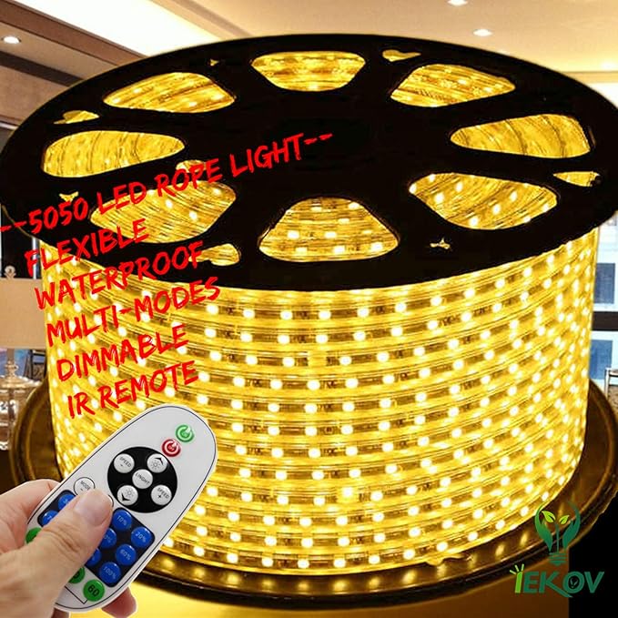 Warm White Color LED Strip Light, AC 110-120V Flexible/Waterproof/Multi-Modes Function/Dimmable SMD5050 LED Rope Light with Remote for Home/Office/Building Decoration (98.4ft/30m)