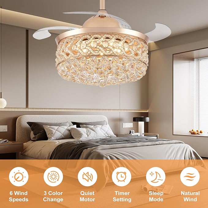 Crystal Fandelier Ceiling Fan with Light and Remote Dimmable 500-6500K Retractable Blades Chandelier Ceiling Fan with Memory Function Modern Ceiling Fans with Lights for Bedroom 42 Inch Gold