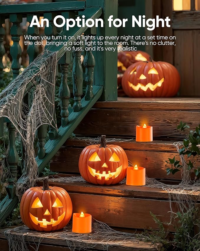 Homemory 24Pack 400+Hour Remote Control Flameless Candles, 2/4/6/8H Timer Led Votive Candles, Battery Operated Tea Lights for Wedding Table Centerpiece, Holidays, Halloween Pumpkins-Orange