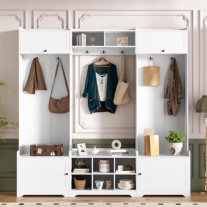79.1''Wide Modern Hall Tree with Shoe Storage and 7 Coat Hooks, 4-in-1 Entryway Bench with 8 Cubbies and Adjustable Shelf for Hallway, Living Room (White/78)