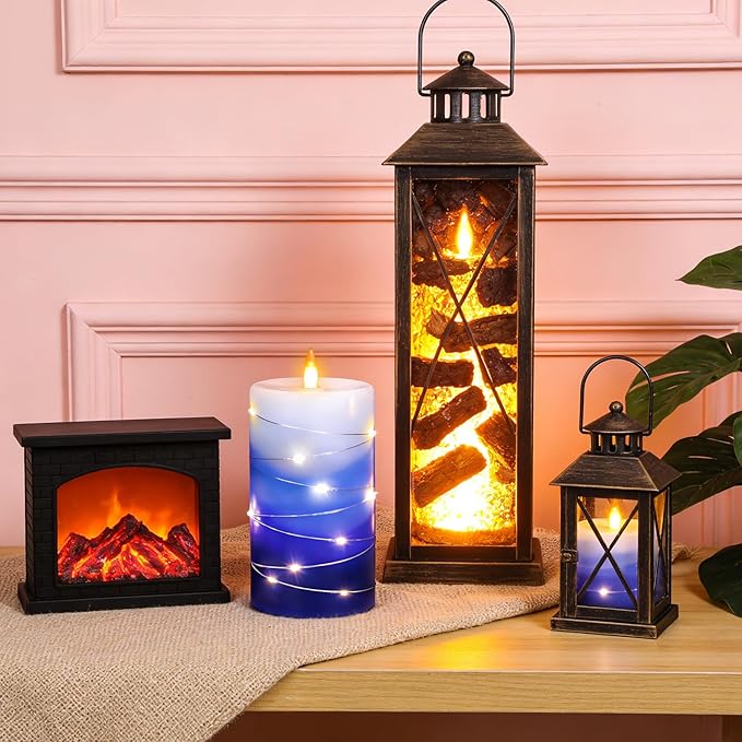 Flameless Candles with String Lights, Battery Operated Candles with Remote Control and Timer,Flickering LED Pillar Candles for Home Decoration,Real Wax, Gradient Blue (3-Pack)