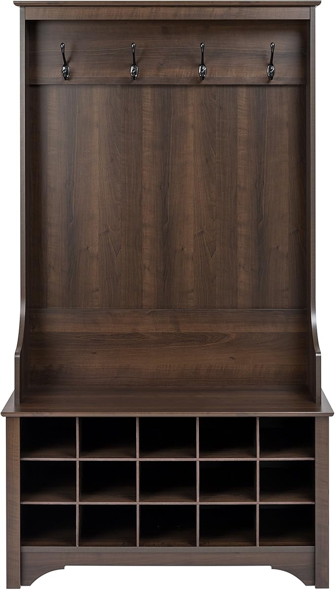 Prepac Entryway Organizer, Coat Rack, Hall Tree with 4 Hooks, Bench, 15 Cubbies for Shoe Storage, 38" W x 68" H x 15.5" D, Espresso