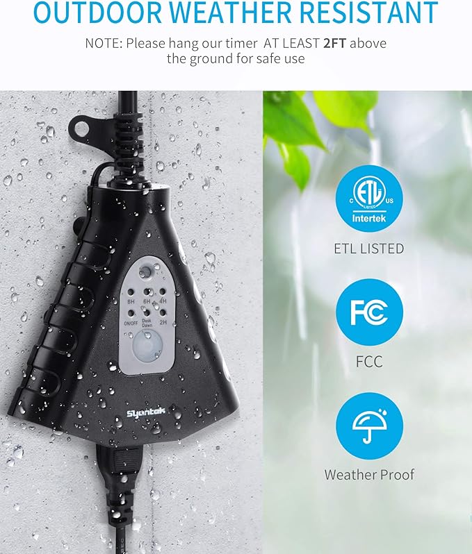 Outdoor Light Timer, Waterproof Outdoor Remote Control Outlets, Dusk to Dawn Light Sensor and Countdown Timer, 100 ft Range Remote Control with 3 Ground Outlets, ETL Listed