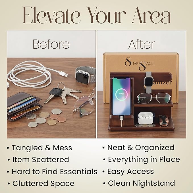 360° Rotating Nightstand Organizer - Wood Phone Docking Station with Rotating Base, Charging Slot, Holds watch, Wallet, Keys, Eyewear - Birthday Gifts for Men & Women, Bedroom or Office Use, Dark Brown