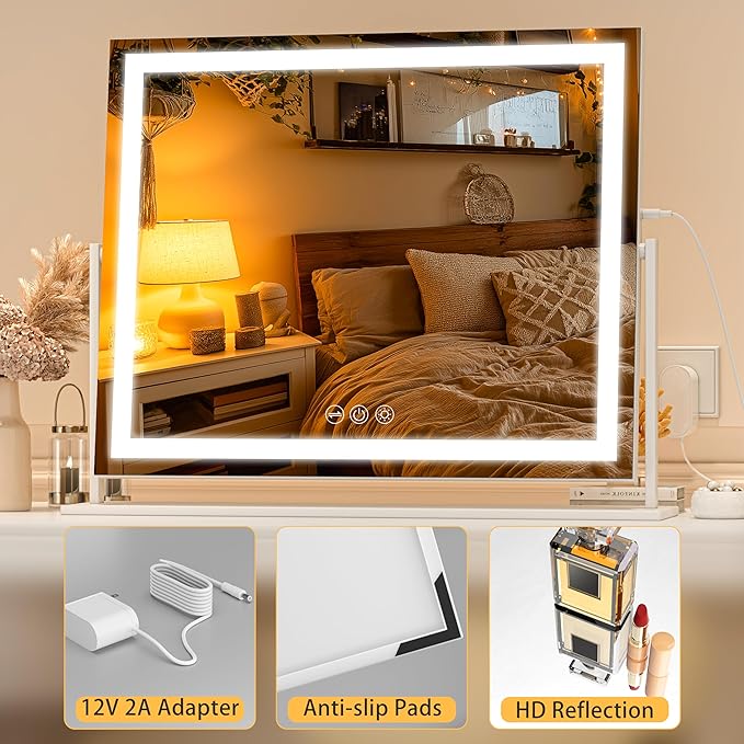 Vanity Mirror with Lights, 24'' x 20'' Lighted Makeup Mirror, Touch Screen with 3-Color Lighting, Dimmable for Vanity Desk Tabletop Square White