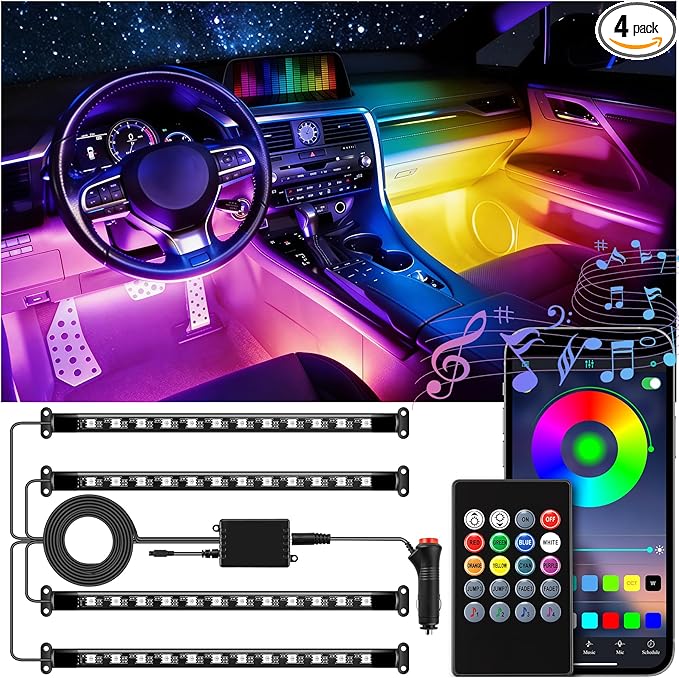 LivTee Interior Car LED Lights, Smart RGB Ambient Lighting with App & Remote Control, Music Sync & DIY Modes, 4-Line Design LED Strip Lights, 12V Cigarette Lighter Powered, Car Accessories for Women