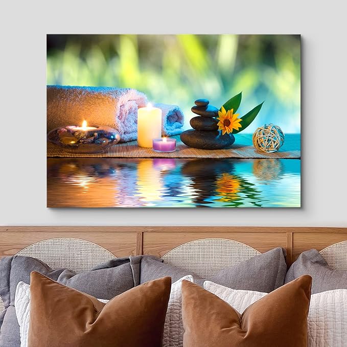 wall26 Canvas Print Wall Art Candles and Towels with Black Zen Stones and Orange Daisy Nature Floral Photography Realism Rustic Colorful Multicolor Ultra for Living Room, Bedroom, Office - 16"x24"