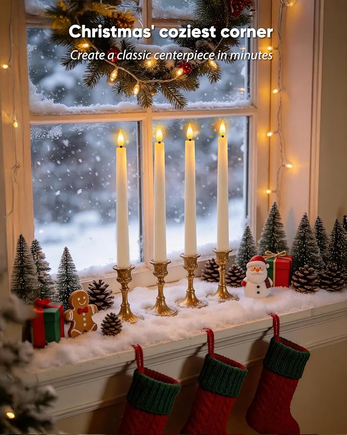 Homemory 24 Pcs Waxy Flameless Taper Candles with Remote, Led Flameless Candlesticks Classic Tall Candle, Flickering Battery Operated Taper Candles for Bedroom, Dining Room, Ivory, 9.6 inches