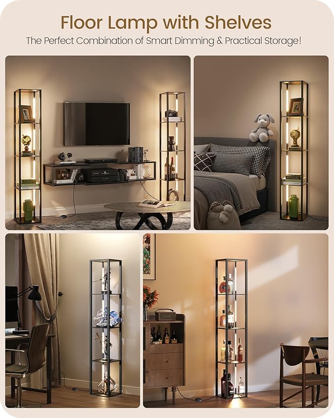 64.2" Display Shelf with Light, Modern Corner Floor Lamp with Shelves, LED Dimmable Standing Lamp with Remote for Living Room, Bedroom, Office, Adjustable CCT, Black Square B51LD05