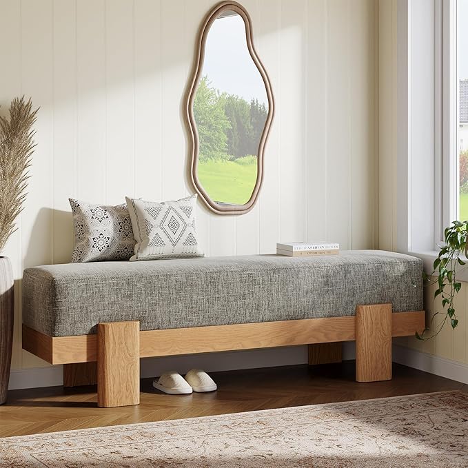 Tribesigns 55-Inch Upholstered Entryway Bench, Modern Shoe Bench with Ultra-Plush Thick Cushion and MDF Frame, End of Bed Stool Long Ottoman for Entrance, Living Room (Gray & Oak)