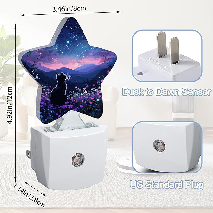 Cat Flowers Night Light,Mountain Starry Sky Plug-in Star Night Lights with Dusk-to-Dawn Sensor for Bedroom,Bathroom,Living Room Sleep Friendly Lamp for Women Girls Boys Gift,0.5W