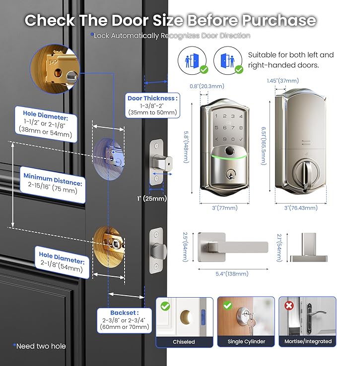 Veise VE027-L Built-in WiFi Smart Lock with Handle, Fingerprint keyless Entry Door Lock Set, App Remote & Voice Control, Electronic Deadbolt for Front Door, Touchscreen Keypad, Auto Lock, Satin Nickel