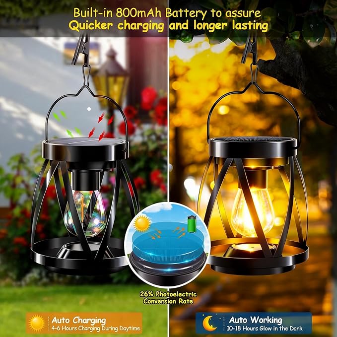 GARPAR Solar Lights Outdoor Waterproof, Upgraded Metal Outdoor Lantern, Brighter Auto On/Off 18H Hanging Solar Lights for Outside Garden Yard Patio Decor, Mother's Day Gift for Mom Grandma 2 Pack