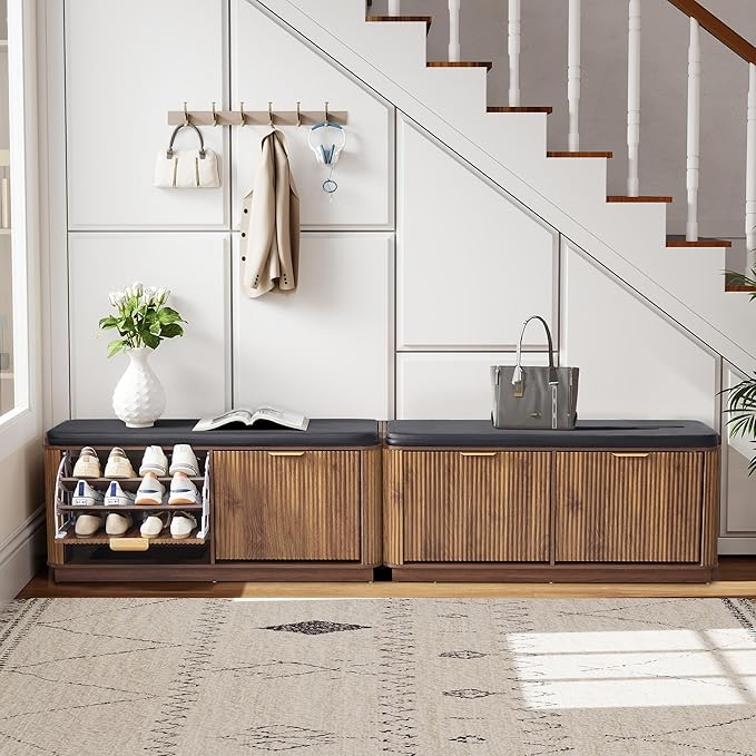 43.3''W Fluted Shoe Rack Bench with 2 Flip Drawers, Entry Bench Seat with 3-Tier Shoe Storage and Leather Cushion, Shoe Organizer Bench for Entryway, End of Bed, Living Room, Hallway - Walnut