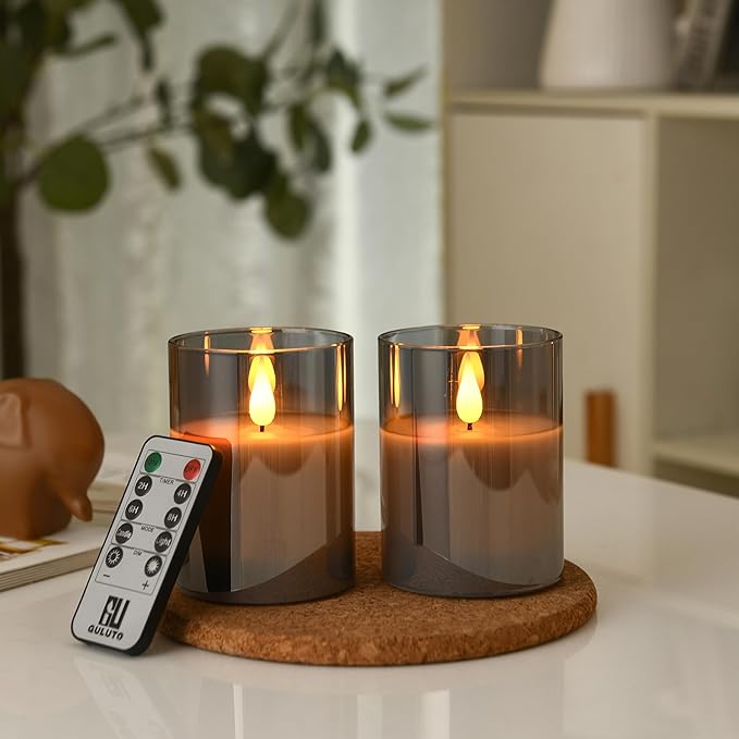 Glass Battery Operated LED Flameless Candles, Set of 2, D 3" x H 4", Real Wax Pillar Flickering Candles with Remote and Timer, Electronic Candle with 3D Wick for Festival Home Party Decor Grey