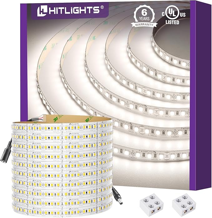 HitLights LED Strip Lights Neutral White 4000K, 16.4ft Premium High Density 24V Tape Light, 600 LEDs, 426 LM/FT, CRI 90+, IP30, Lighting for Kitchen, Cabinets, UL Listed (Power Source Not Included)
