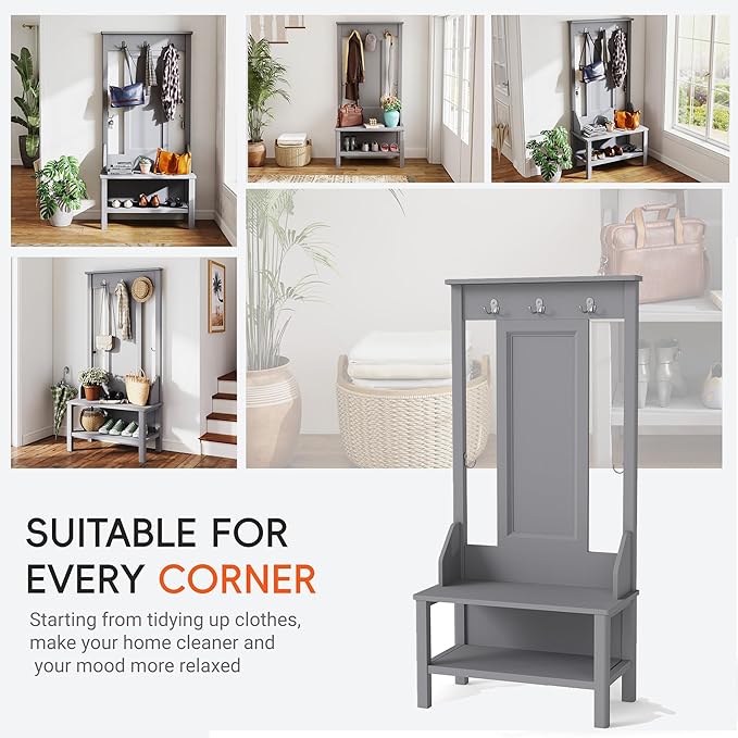 65" Farmhouse Hall Tree with Bench - 3-in-1 Entryway Organizer: Shoe Rack, Coat Hooks & Storage Shelves for Mudroom, Hallway (Gray)