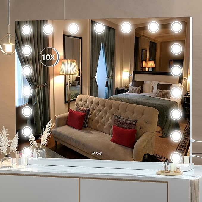 Hasipu Vanity Mirror with Lights, 40" x 32" Makeup Mirror, Light up Mirror with 19 Dimmable LED Lights and 10X Magnification, 3 Colors Modes, Touch Control, USB Charging Port, White
