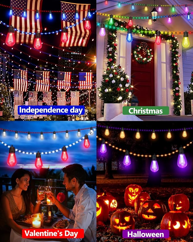 Flacchi Smart Outdoor Patio Lights - 46ft Smart S14 Christmas String Lights, Waterproof Shatterproof Bluetooth APP Remote Control Dimmable for Balcony, Backyard, Party, Holiday (RGB & Warm White)