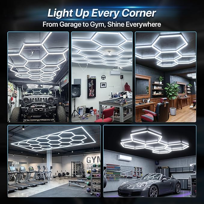 HYPERLITE Gen 2 Hexagon LED Lights: 105W 10500LM 3 Grids DIY Hexagon Led Lights, 6500K Ultra Bright, Easy Install, Durable Design for Garage, Car Detailing, Workshops, Basement, Gym