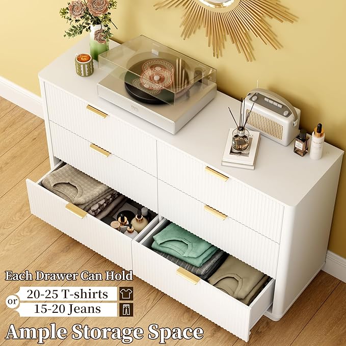 Fluted Dresser for Bedroom with 6 Drawers, 54" Wide Modern Chest of Drawers with Lighting, Wooden Dresser TV Stand with Curved Edges, Closet Organizer for Living Room, Hallway,White