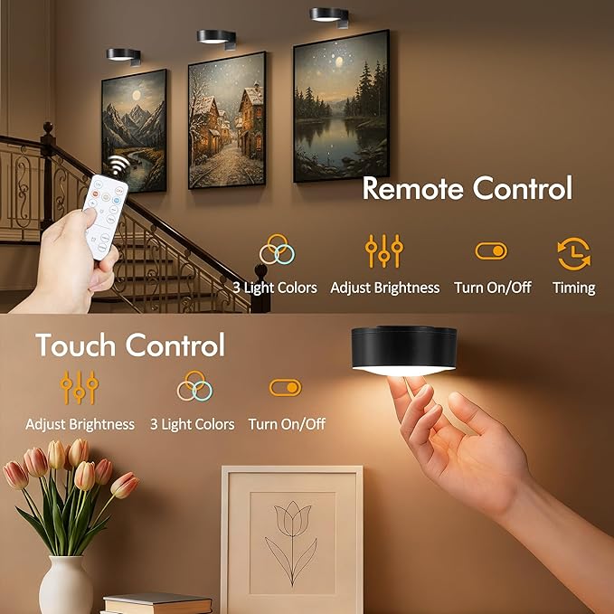 3-Pack Picture Lights for Wall, Rechargeable Battery Operated LED Painting Light with Remote Control Dimmable & Timer, 3 CCT Magnetic Art Display Lighting, Wireless Wall Decor Puck Light, Black