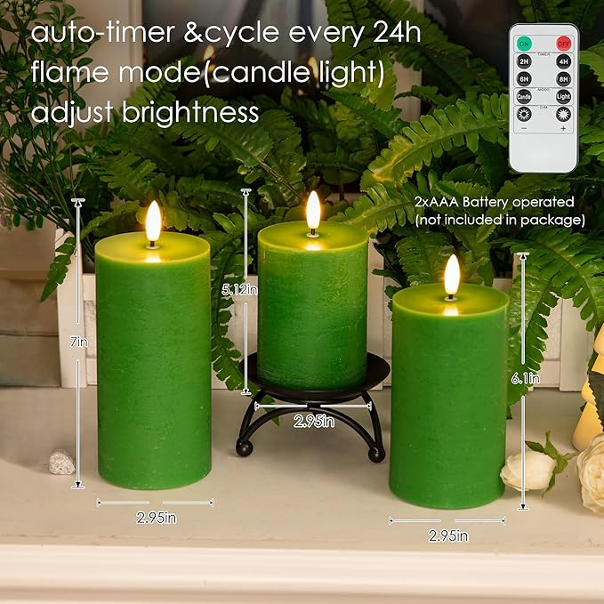 LUSHABOR Green Flameless Candles, Battery Operated Candles for St. Patrick’s Day, Real Wax LED Fake Candles for Spring Decor Party Centerpiece Green Set of 3