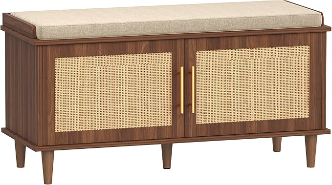 Rattan Shoe Storage Bench with Cushion, 2-Tier Entryway Bench with Adjustable Shelves and 2 Doors, 15" D x 39.4" W x 20" H, Solid Wood Legs, for Hallway, Living Room, Bedroom, Walnut