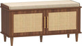 Rattan Shoe Storage Bench with Cushion, 2-Tier Entryway Bench with Adjustable Shelves and 2 Doors, 15" D x 39.4" W x 20" H, Solid Wood Legs, for Hallway, Living Room, Bedroom, Walnut
