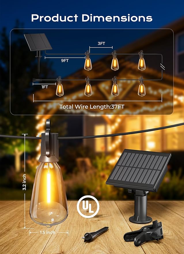 Brightown 37FT Solar String Lights Outdoor Waterproof, Patio Lights with Remote and 10+1 LED Shatterproof Bulbs, Dimmable & Timable, 3 Light Modes, Solar Lights Outdoor for Yard Camping Party Outside