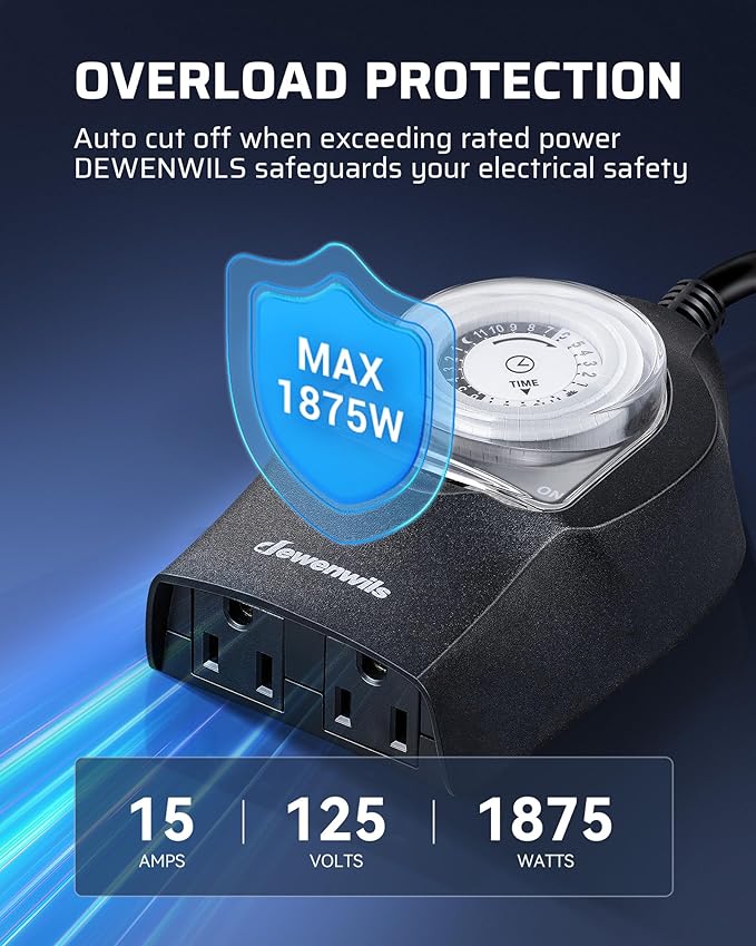 DEWENWILS 1 Pack Mechanical Light Timer for Outdoor Lighting, 24-Hour Plug in Timers, Heavy Duty Programmable Timer Switch with 2 Grounded Outlets for String Lights, 15A 1/2HP UL Listed