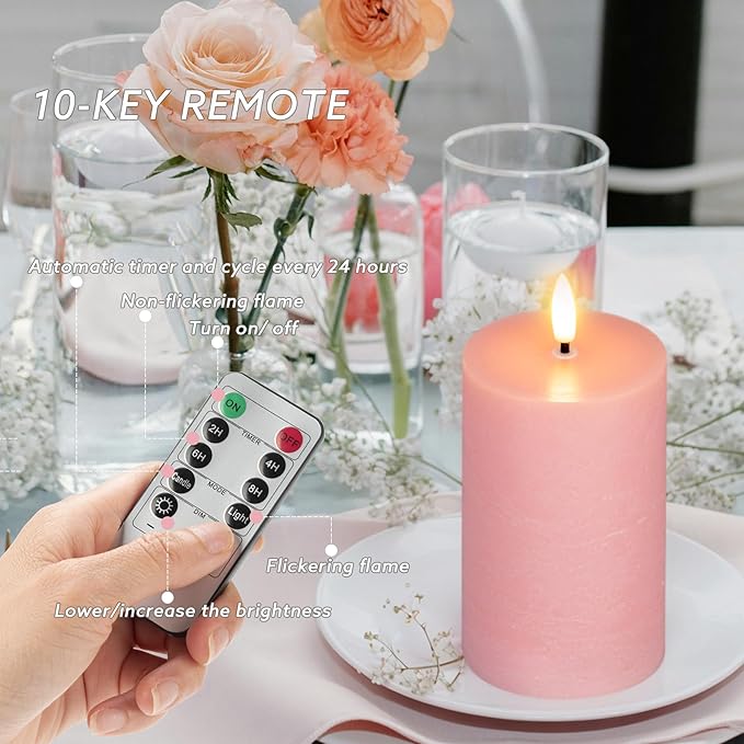 Pink Flameless Pillar Candles, Real Wax Battery Operated Candles with Remote, Flat Top Flickering Flameless Candles, LED Candles for Home Party Wedding Romantic Night Decor, Set of 3