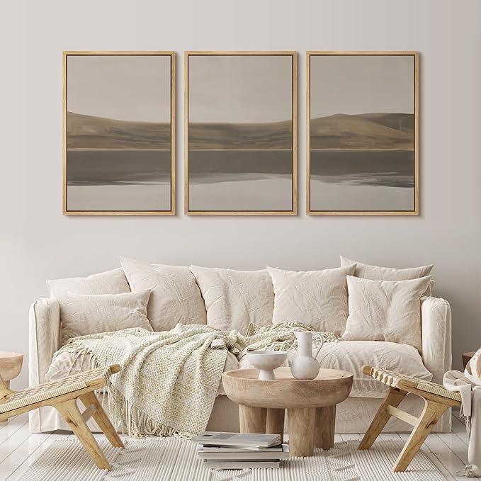 wall26 Framed Canvas Print Wall Art Set Minimal Horizon Landscape in Calm Neutral Shades Illustrations Modern Art Decorative Multicolor for Living Room, Bedroom, Office - 16"x24"x3 NATURAL