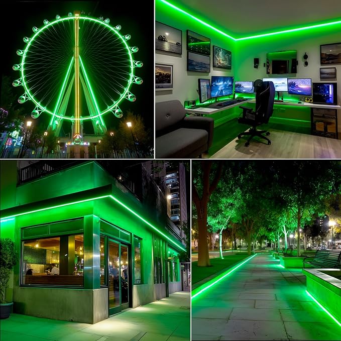 GZBtech Flexible LED Neon Rope Lights 33FT,AC 110-120V Waterproof Strip Light, 120 LEDs/M Cuttable Connectable Neon Lighting for Indoor Outdoor Home Decor/Commercial Building Use-Green 10M, ETL Listed