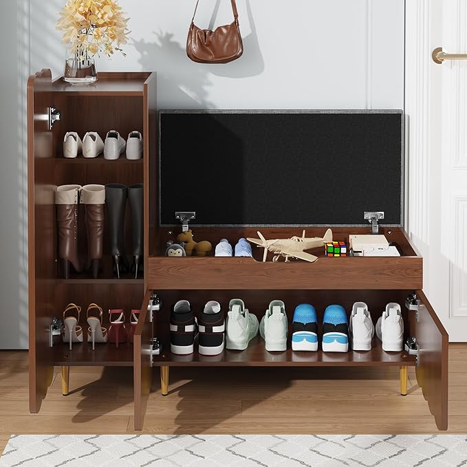 3More Shoe Organizer Cabinet,Entryway Bench with Adjustable Shelves and Cushioned Seat,Unique L-Shaped Bench Cabinet for Entryway, Hallway, Living Room