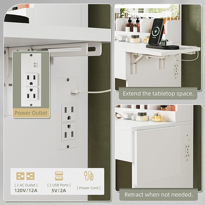 NUNU LAB Morden Makeup Vanity Desk with Mirror, Bedroom Dressing Table Set with Storage Shelf and 5 Drawers, Large Vanity Table with 10 LED Lights for Women, White with Extended Desktop