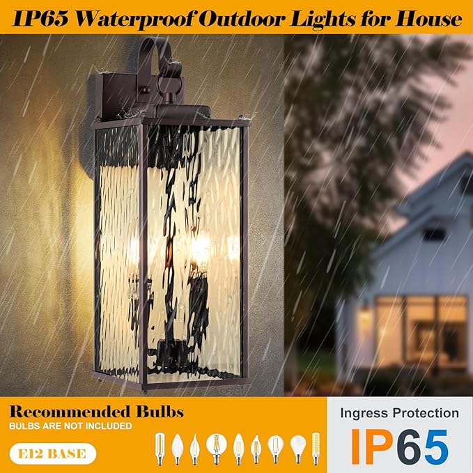 18” Large Oil Rubbed Bronze Outdoor Lighting 1 Pack, 2-Light Bulb Water Ripple Glass Exterior Light Fixture Brown Wall Sconce Outside Light for House IP65 Waterproof Front Porch Lantern, E12