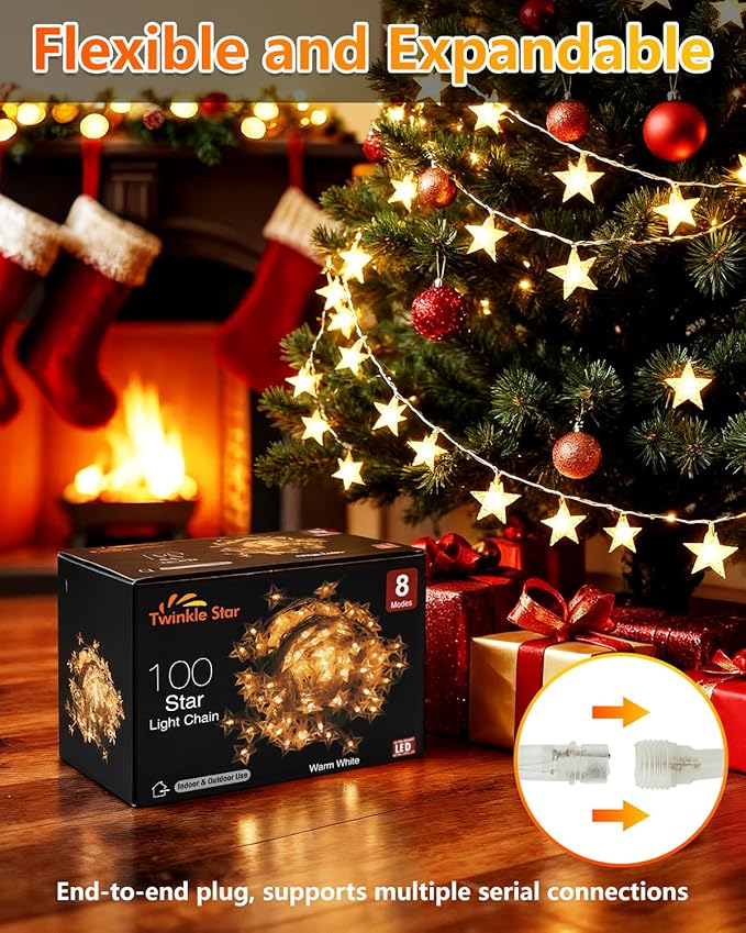 Twinkle Star 100 LED Star String Lights, 33FT Plug in Fairy String Lights Waterproof for Bedroom Decor, Indoor, Outdoor, Wedding Party, Christmas Tree, New Year, Ramadan, Warm White