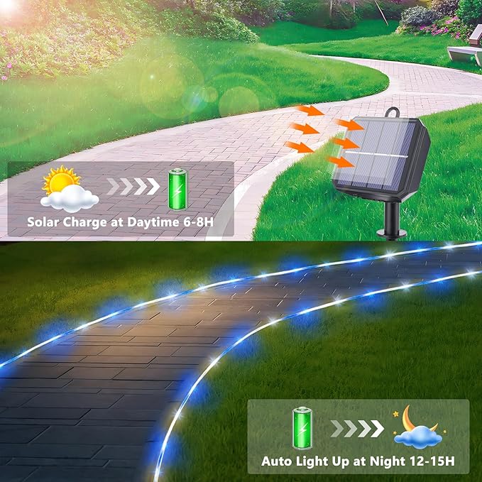 Solar Rope Lights, 2 Packs Total 66ft 200LED Solar String Lights, 8 Modes Waterproof Solar Powered Outdoor Light, Flexible Clear Tube Light for Garden Yard Patio Deck Porch Tree Xmas Decor-White&Blue