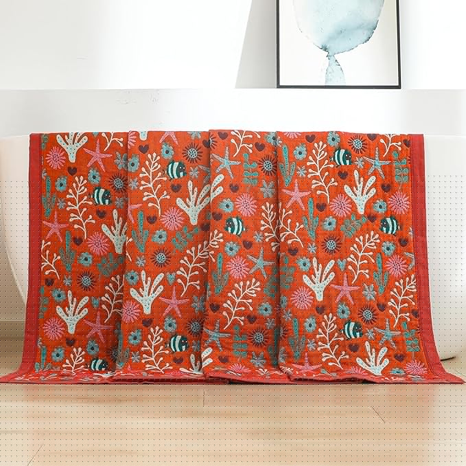 Boho Throw Blanket, 100% Organic Cotton Skin-Friendly Breathable Ultra Soft Bed Quilt Throw - All Season Blue & Red FishFarmhouse Decor Blanket for Sofa Couch Chair and Gift. 60" x 80"