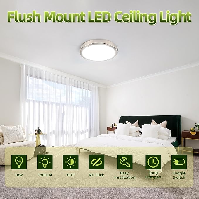 hykolity 2 Pack 9 Inch Selectable CCT LED Round Flat Panel Light, 18W 1800LM 3000K/4000K/5000K, Edge-Lit Flush Mount Ceiling Light Fixture for Kitchen, Bedroom, Laundry and Closet Room,Brush Nickel