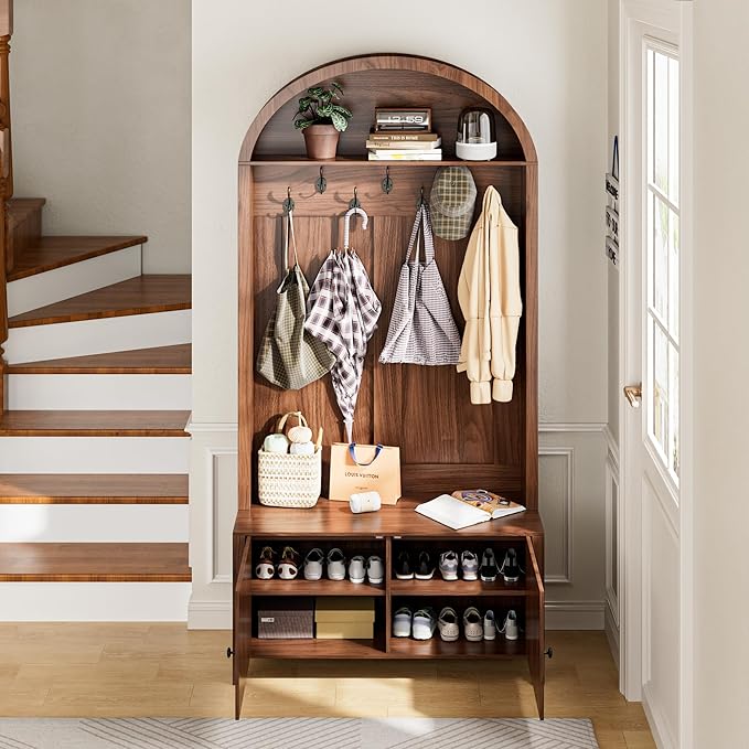 Hall Tree with Bench and Shoe Storage, Entryway Storage Bench with Coat Rack, 78.74" Coat Rack with 7 Hooks and Adjustable Shelves, Farmhouse Style Furniture Organizer for Hallway (Walnut, 78.74"H)