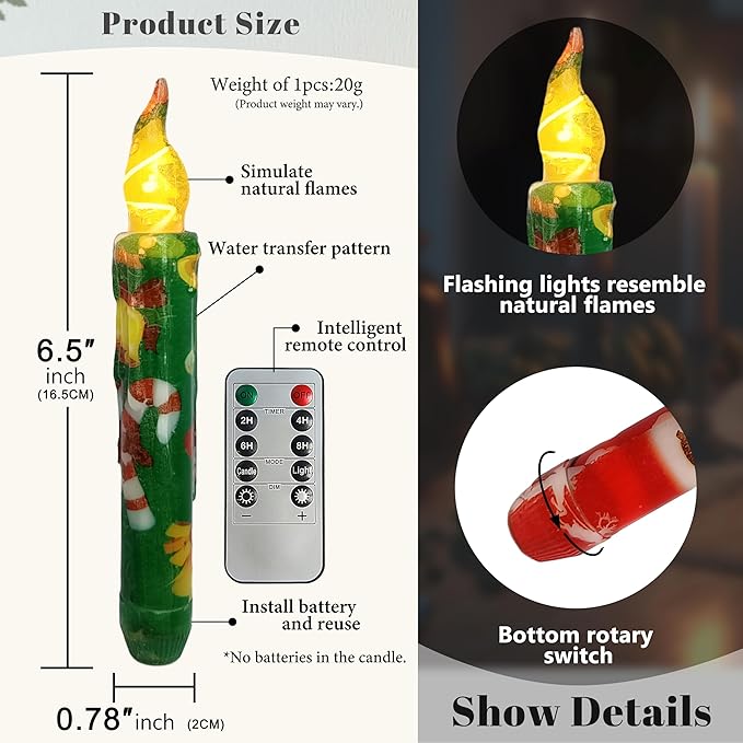Christmas Flameless Short Taper Candles, Red Green LED Battery Operated with Remote, Flickering Flame Lights for Home Décor, 6.7 Inch Primitive Flameless Print Candles, 4PCS